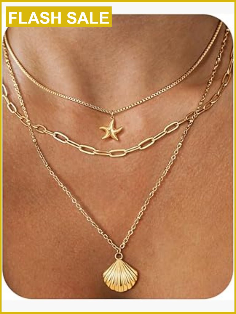 Gold Layered Starfish Seashell Pendant Necklace 14k Plated Adjustable